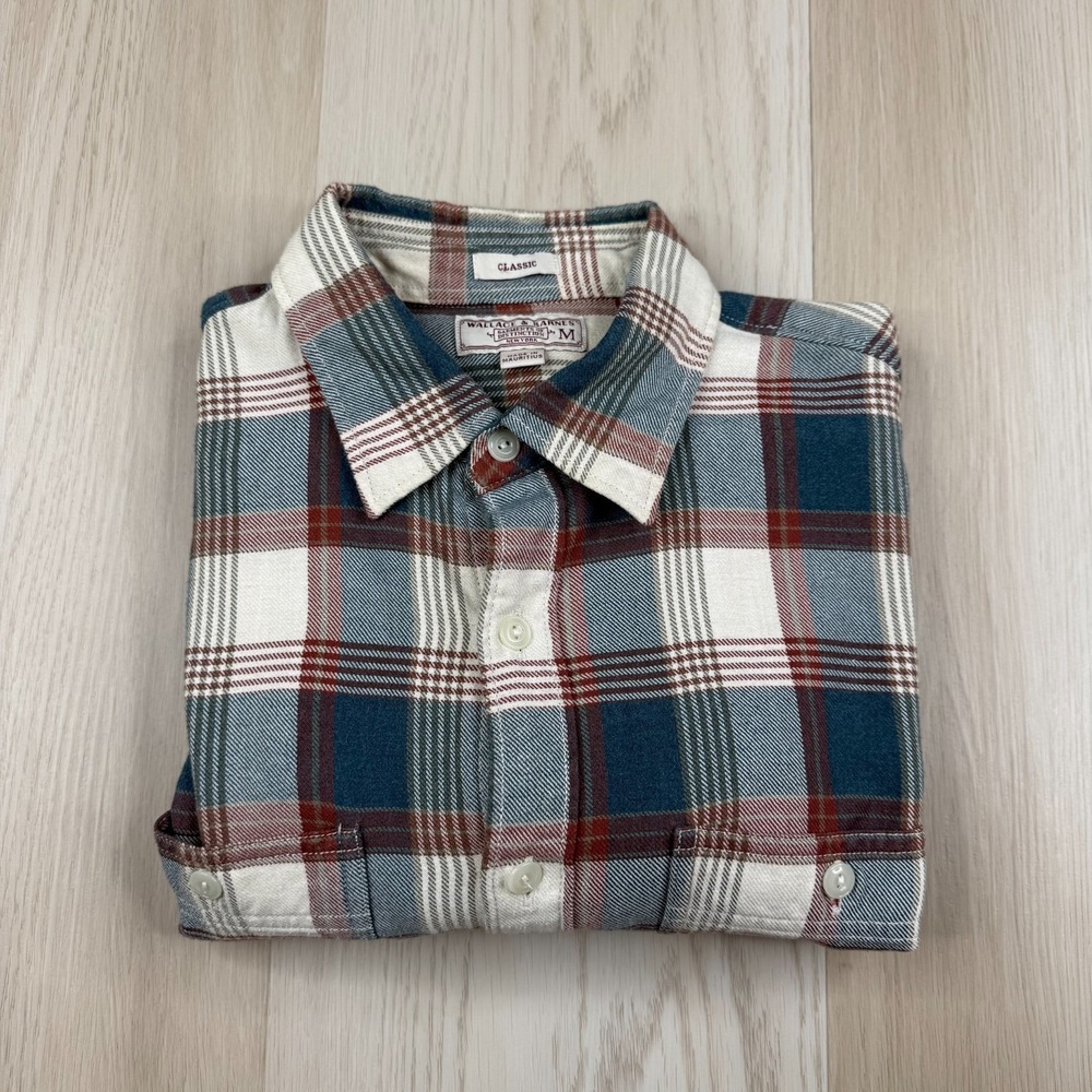 Wallace & Barnes Mens Blue Plaid Classic Long Sleeve Button Up Shirt Size Medium